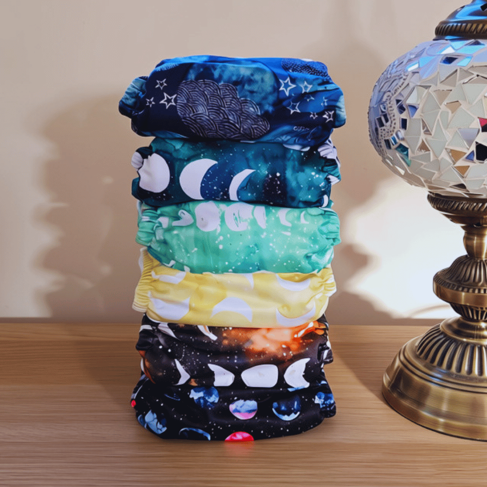 A stack of reusable cloth diapers in various colorful space-themed prints, including stars, moons, planets, and galaxies, displayed on a wooden table next to a decorative lamp.